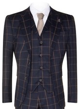 Mens Navy Blue Check 3 Piece Tweed Suit Peaky Blinders 1920s Gatsby Tailored Fit