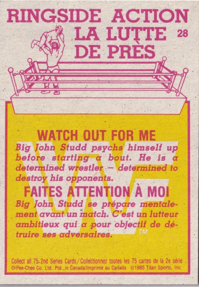 Big John Studd 1985 Topps O-Pee-Chee WWF Rookie Card #28 WWE RC Watch Out For Me - Image 2 of 4
