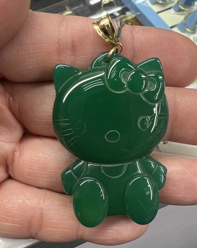 Ex-Large Green Jade Agate Carved Cute Hello Kitty Pendant 10K real gold bail - Picture 9 of 9