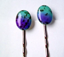  Bobby Pin set - GLASS STONE ACCENT- PURPLE/AQUA/BLACK OVAL