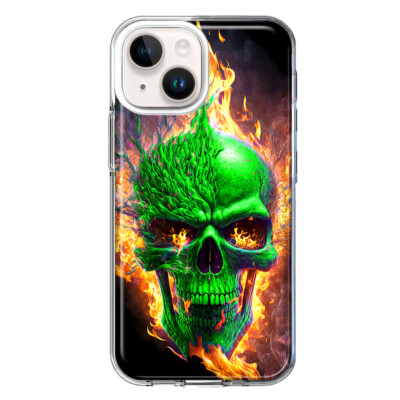 For Apple iPhone 14 Plus Shockproof Hybrid Case, Green Flaming Fire Skull
