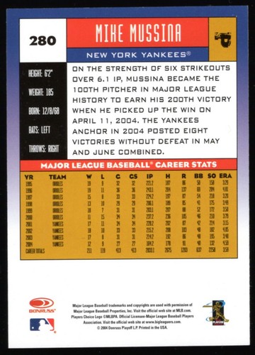 Tarjeta autografiada de Donruss Mike Mussina 2005 #280 de los Yankees de Nueva York - Imagen 2 de 2