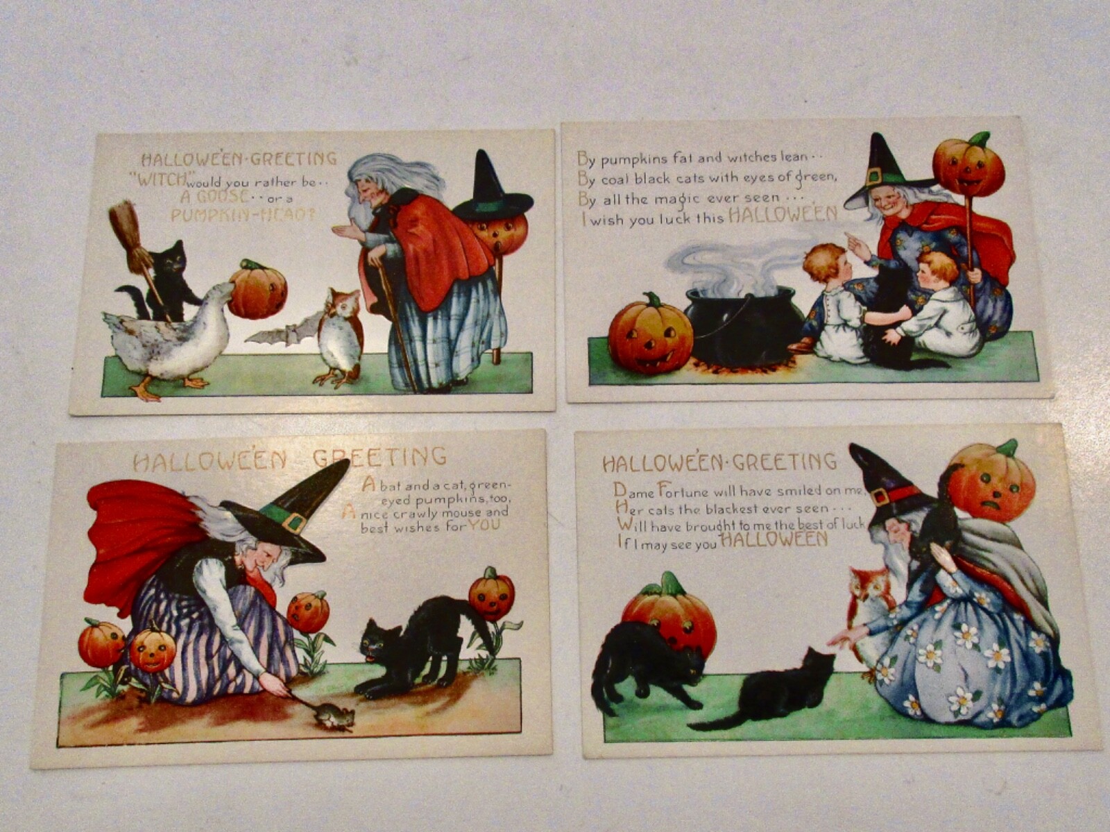 Vtg. Halloween postcards (4), Whitney, Worcester MA., witch, cat, pumpkin