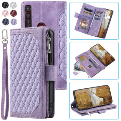 Rhombic Leather Wallet Case Zipper Flip Card PhoneCase For Motorola Moto G8 Plus