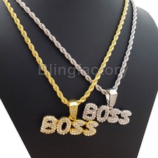 Hip Hop Iced Gold Plated BOSS Cubic Zirconia Pendant 24" Rope Chain Necklace