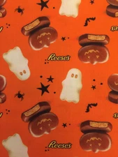 CELEBRATE WITH HERSHEY HALLOWEEN REESE'S GHOSTS ON ORANGE RILEY BLAKE FABRIC HY