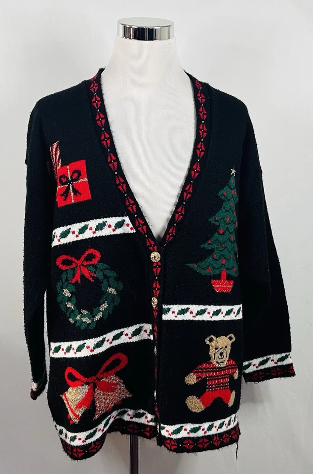 Nutcracker 1X Vintage Ugly Christmas Sweater Cardigan Black Acrylic USA Made - Image 2 of 4