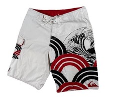 Vintage Quiksilver Board Shorts Mens Medium White Wave Graphic Swim Trunks Surf