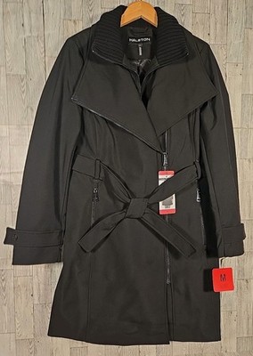 Halston Womens Trench Coat M L or XL Removable Belt Water Resistant Black NEW