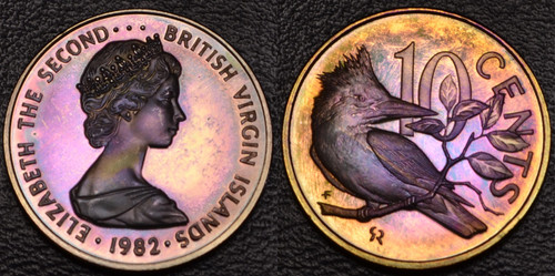 1982 Virgin Islands Proof 10 Cents STUNNING RAINBOW TONING (62-45)