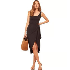 REFORMATION Black Tie-Waist Midi Dress Size S Tencel Lyocell Spandex Ribbed