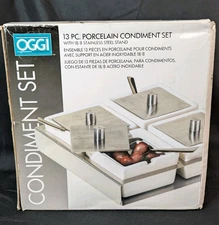 Condiment Serving Dish Set Metal Base Set 4 Ceramic W/Lids Oggi Contemporary 