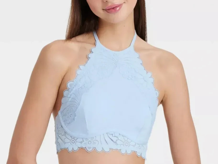Colsie sz XS Blue High Neck Lace Bralette Bra Lace Overlay Halter Tank