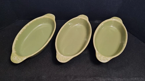 Set of 3 Vintage Hull Pottery Drip Glaze Au Gratin Oven Proof Casserole Avocado