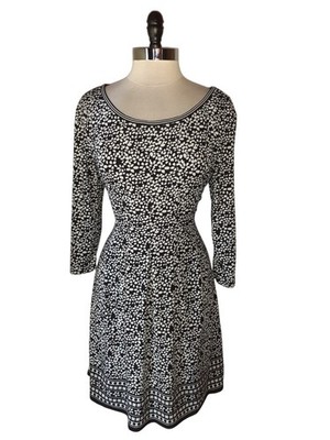 MAX STUDIO Size L A-Line Dress Black White Floral 3/4 Sleeve Stretch Knit