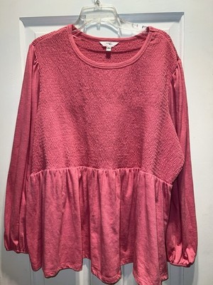 Terra & Sky Smocked Peplum Long-Sleeve Top in Rose Pink Size 3X