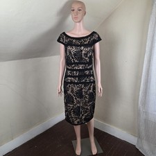 Tadashi Shoji Black Nude Lace Cocktail Dress Size 12 Sheath Cap Sleeve Evening
