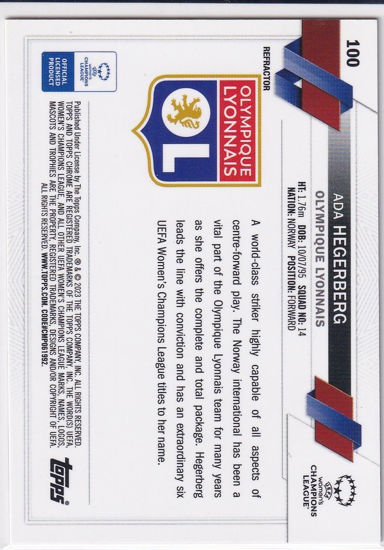 Ada Hegerberg 2023 Topps Chrome #100 Refractor Prizm UEFA LYONNASIS RC ROOKIE view 3