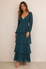 NWT Lulus Emerald Green Tiered Ruffle Long Sleeve Maxi Dress, Size XS