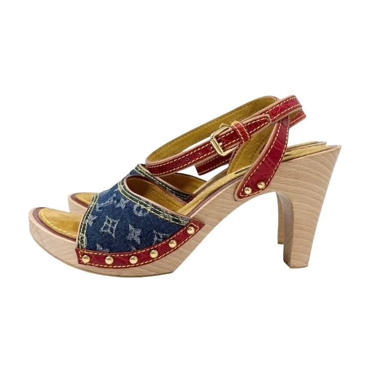LOUIS VUITTON Vintage Logo Monogram Sandals Heels #36.5 Blue Red
