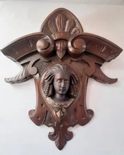 Antique Hand Carved Wood Plaque Wall Hanging Woman Face Bust