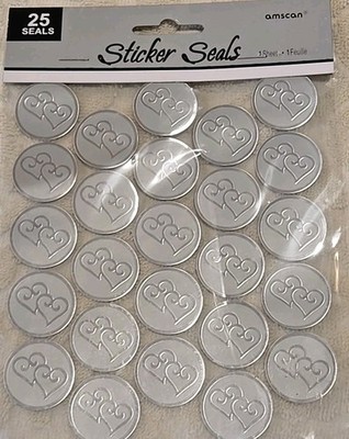 Amscan Sticker Seals - Embossed Silver Hearts x 25 qty. 1 PKG New (C-40)
