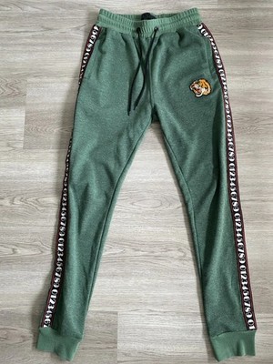 Coole Jogginghose mit Bündchen Seitenstreifen Reverse Grün S mit Tiger Gestickt
