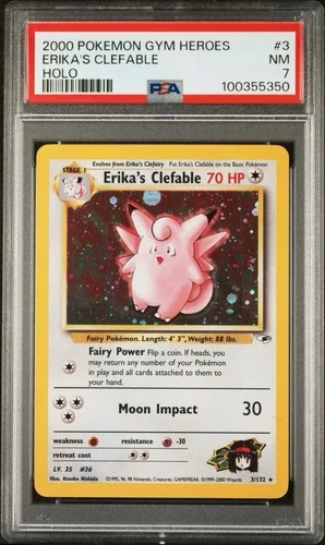 SWIRL 2000 POKEMON GYM HEROES HOLO #3 ERIKA'S CLEFABLE PSA 7 Clean look WOTC Era