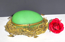 Antique French Green Opaline Uranium Glass Egg Casket Box on Ormolu Bronze Nest