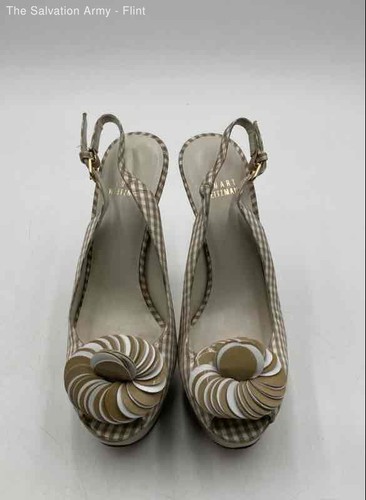 Stuart Weitzman Womens Tan Gingham Check Platform Slingback Heels Size 7.5