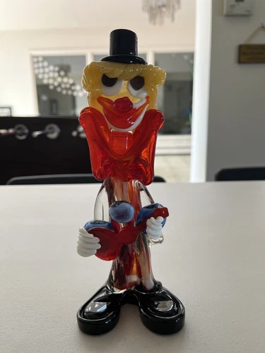VTG Hand Blown Colorful Glass Clown Holding Guitar 9” Glass Figure Murano Style