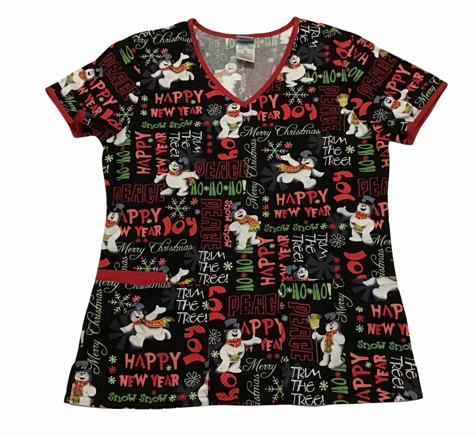 Frosty The Snowman Womens Size XS Black Christmas Scrub Top Medical Uniform - Image 2 of 4