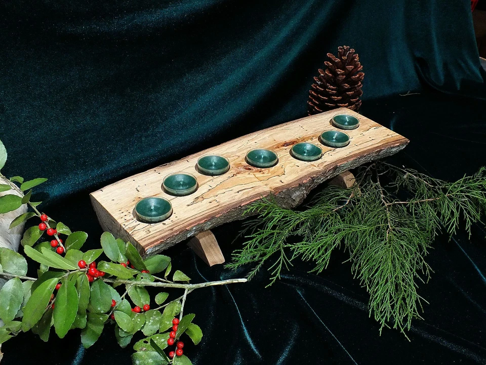 Soporte de luz de té de troncos, centro de mesa, vacaciones, campo, rústico, borde vivo Foto 3 de 4