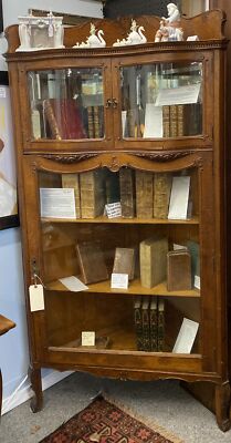 Antique Oak Display Corner Cabinet W/ Beveled Mirror, Serpentine Wave Glass