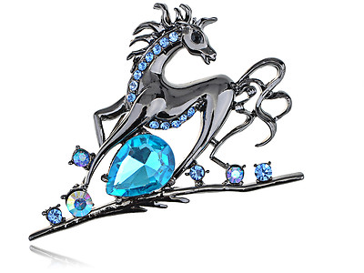 Vintage Sapphire Aqua Blue Crystal Rhinestone Running Horse Pin