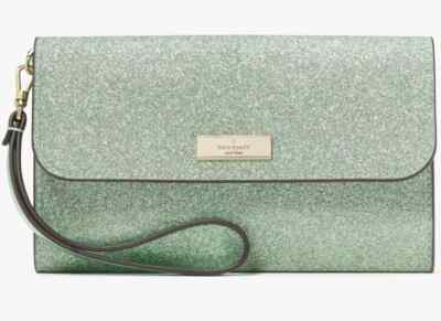 Kate Spade Kenzie Medium Flap Wristlet Green Glitter Wallet KK332 NWT $199 MSRP