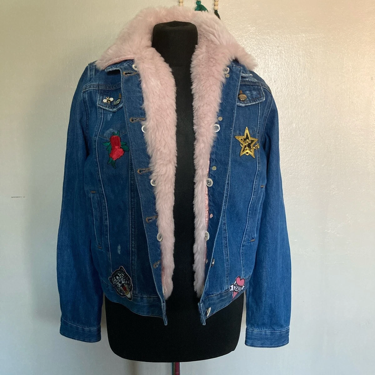 Pinko Faux Fur Lined Denim Jacket Age 16 UK 8 10