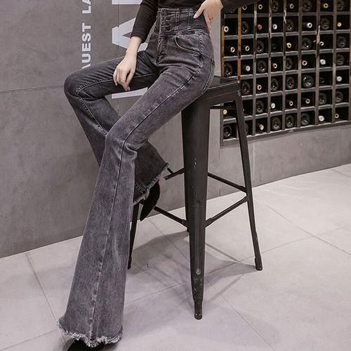 Donna Svasato Jeans Bell Pantaloni Vita Alta Strappato Slim Scuro Denim  Grigio | eBay