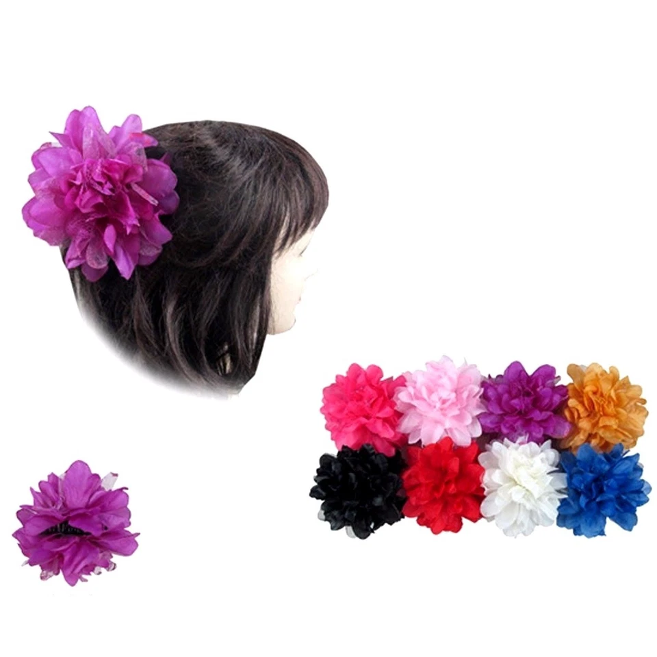 2 peças grampos femininos de chiffon grande flor laço plástico garra cabelo grampos pães - Imagem 2 de 4