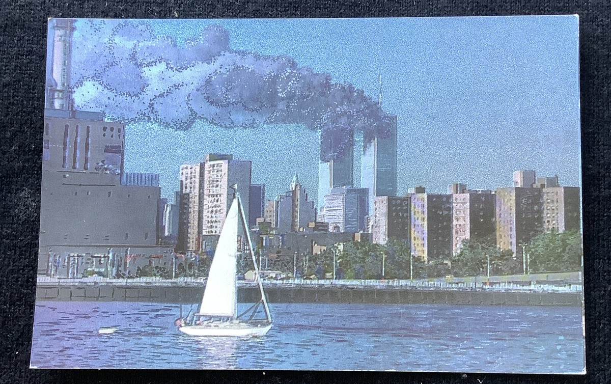 RARE FOIL Twin Towers Attack Postcard 9/11 Brooklyn Bridge New