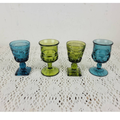 Vintage 70s Indiana Glass Green & Blue Cordial Drink Beverage