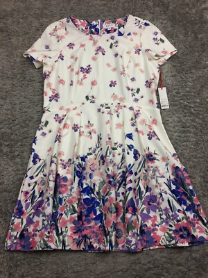 Elle Dress Womens Size 2XL White Pink Blue Floral Short Sleeve A-Line