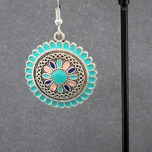 Pierced Earrings Silver tone Enamel Medallion Round Dangle Multicolor 1" - Picture 3 of 12