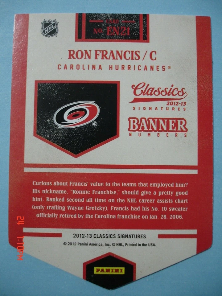 2012-13 Panini (Classic Signatures) "Retired Banner Numbers" #EN-21 Ron Francis! - Image 2 of 2