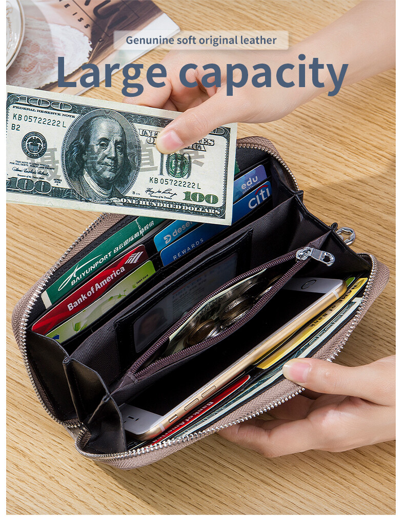 Women's Real Leather Large Capacity Cards Cash Zipper Wallet Long