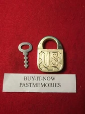MINIATURE DOUBLE SIDED "US" BRASS PADLOCK w/ KEY, OLD ANTIQUE LOCK VINTAGE LOCKS