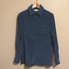 Croft & Barrow Womens Size S Faux Suede Top Long Sleeve Button Front Shirt Blue