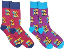 Mens Fun Novelty Crew Socks YOLO 2-Pair Funny Socks Fits Shoe Size 6-12.5 Gift