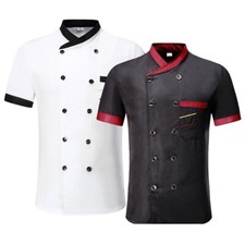 Mens Chef Coat Jacket Unisex Kitchen Short Sleeve Cooker Work Restaurant-Uniform