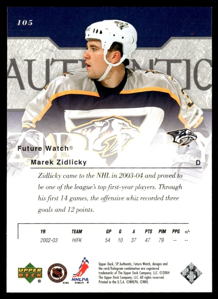 2003-04 SP Authentic Marek Zidlicky Rookie 592/900 Nashville Predators #105 - Image 2 of 2